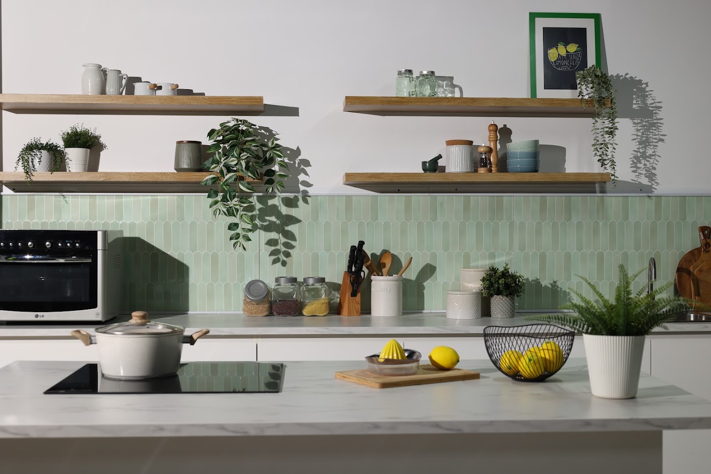 Wide view of the kitchen studio ready for a shoot
