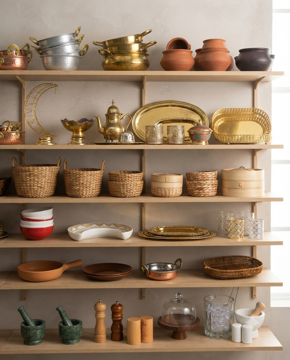 Shelves of copper and gold cookware in the props library
