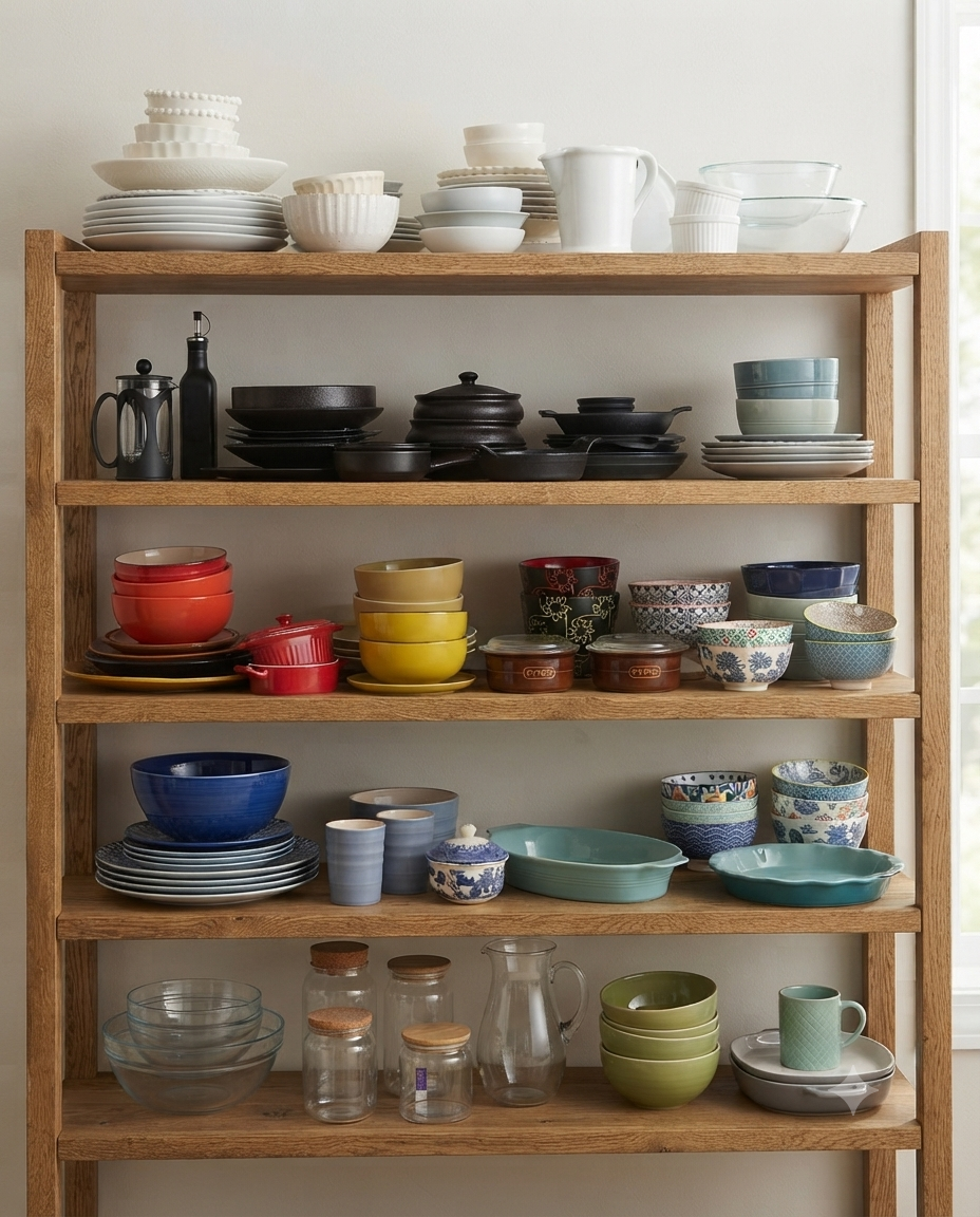 Shelves of ceramic bowls and plates in the props library