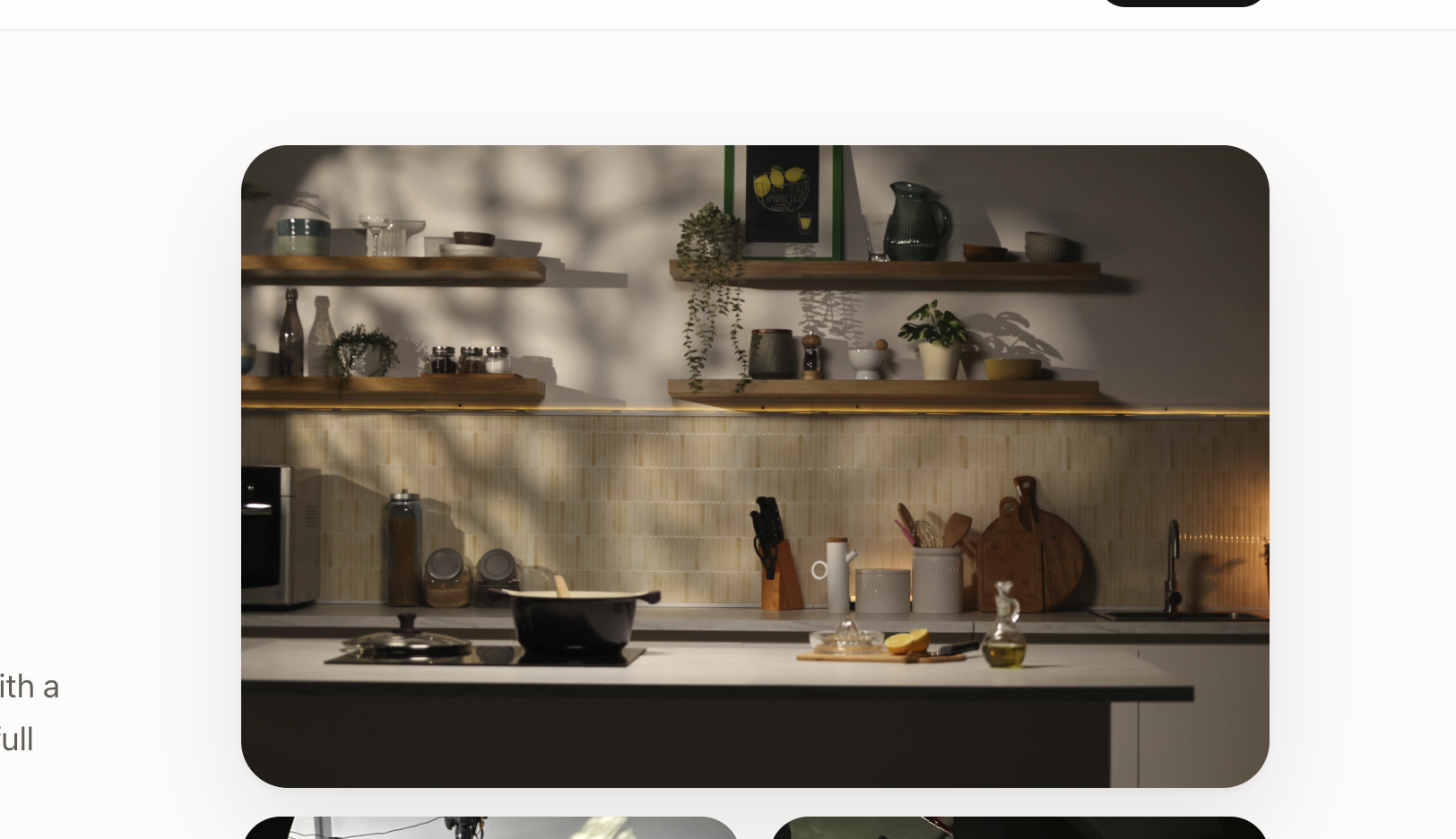 Warm-lit kitchen studio shelves with props and cookware ready for a shoot