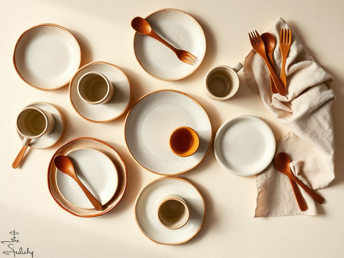 Collection of ceramic plates, cups and wooden utensils